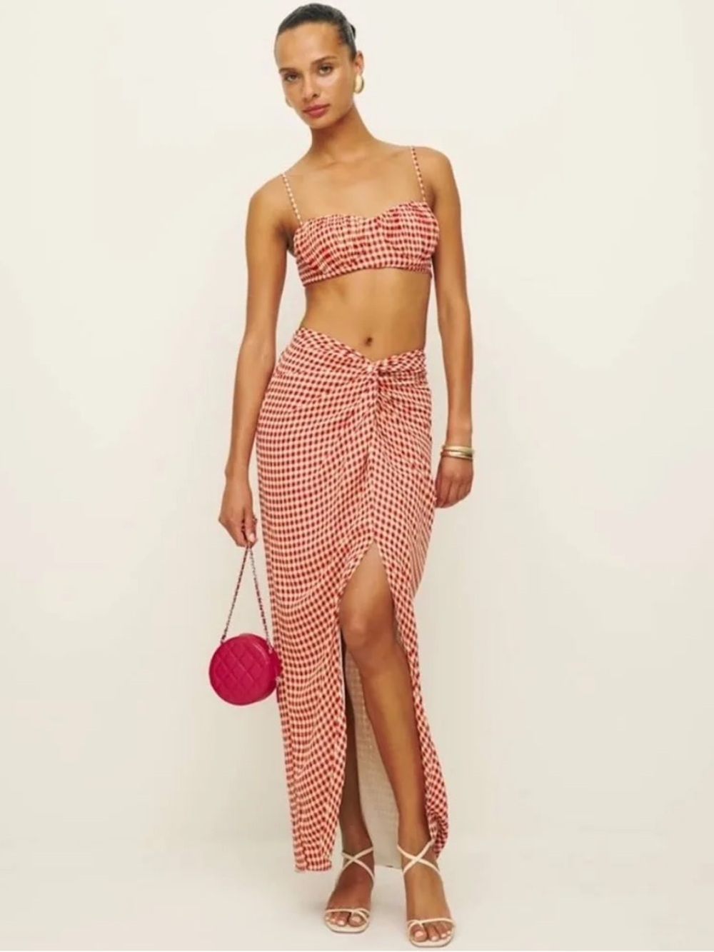 Reformation Tomato Red Check Gingham Alana Two Piece Skirt Set 0